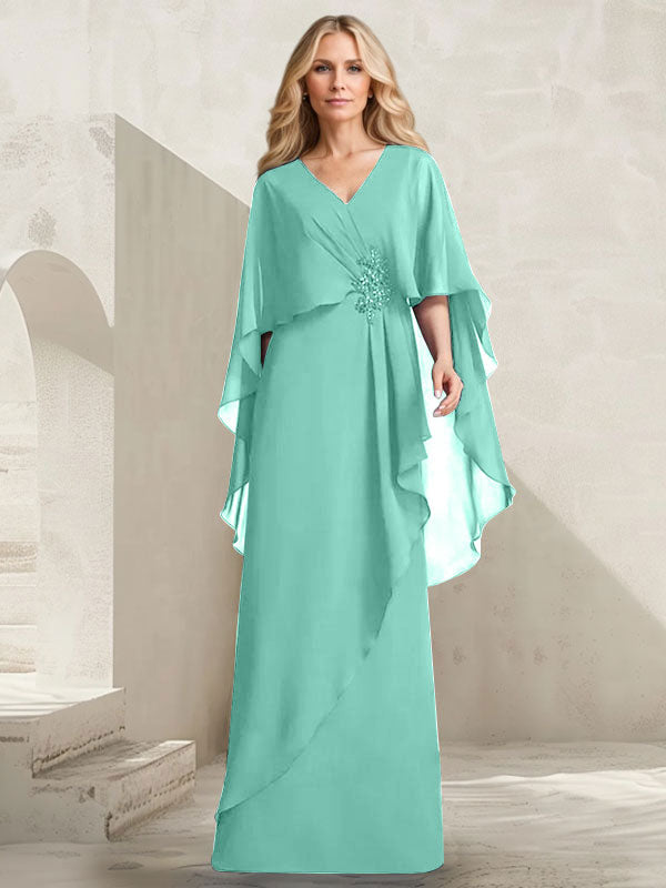 Robe mère de la mariée longue en chiffon coupe trapèze à col en V avec volants en cascade et perles