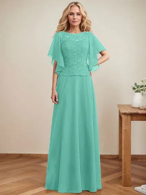 A-Linien Rundhals Illusions-Bodenlanges Spitzen-Chiffon Mutter-der-Braut-Kleid mit Pailletten