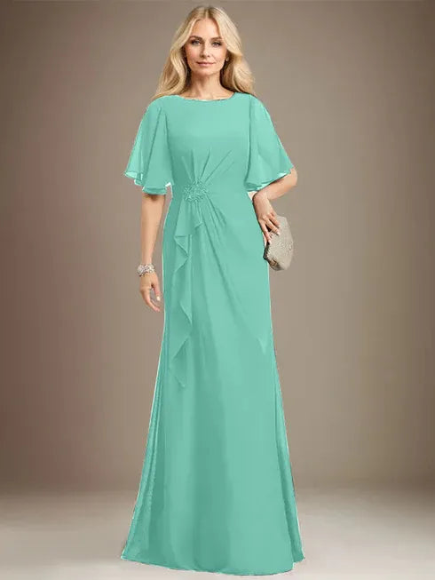A-Linien Rundhals bodenlanges Chiffon Mutter der Braut Kleid mit kaskadierenden Rüschen Perlen Pailletten