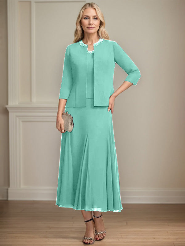 Separates A-Linien Chiffonkleid mit Rundhalsausschnitt, tea-length, Mutter der Braut mit Pailletten und Perlen