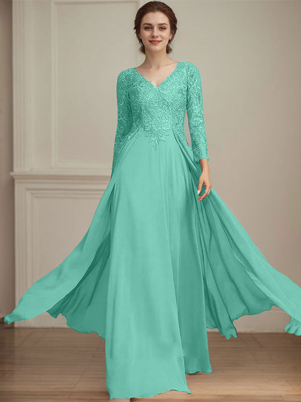 A-Linien V-Ausschnitt Bodenlanges Spitzen-Chiffon Kleid für die Brautmutter mit Pailletten