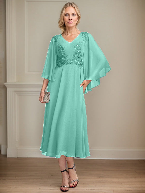 A-Linien-Brautmutterkleid aus Chiffon, V-Ausschnitt, tea-length mit Spitze, Pailletten und Perlen