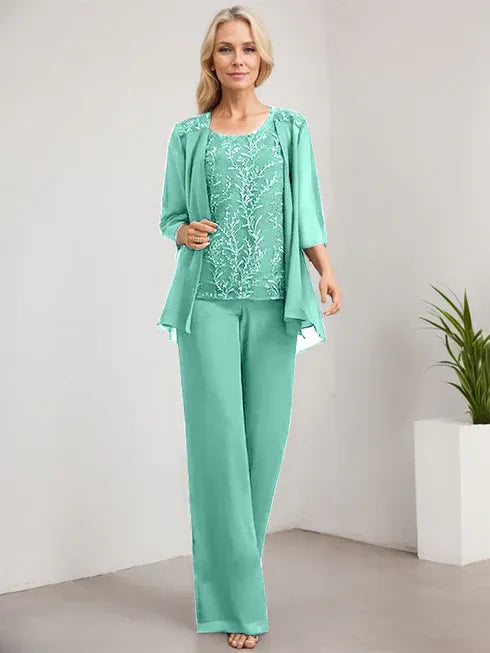 Zweiteiler Jumpsuit/Hosenanzug U-Ausschnitt bodenlanges Spitzen Chiffon Mutter der Braut Kleid mit Pailletten