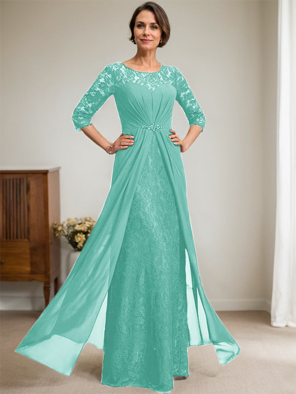 A-Linien Rundhalsausschnitt Illusions-Bodenlanges Spitzen-Chiffonkleid für die Brautmutter mit Perlen und Volants