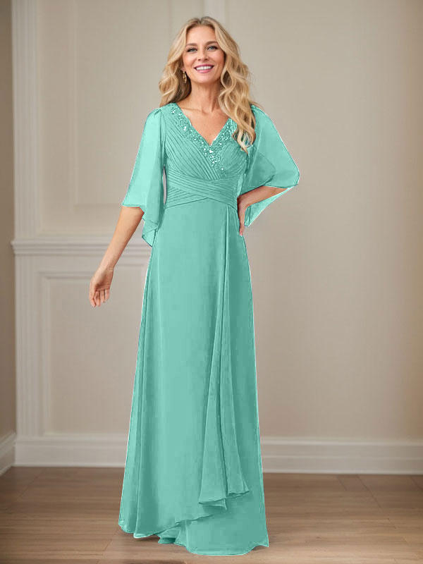 A-Linien V-Ausschnitt langes Pailletten-Chiffon Mutterkleid