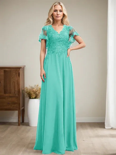 Robe mère de la mariée ligne A col en V longue en dentelle et chiffon avec sequins
