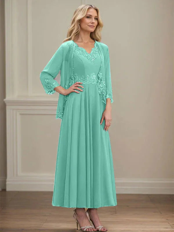 A-Linien Kleid mit V-Ausschnitt, knöchellang, aus Chiffon, Mutter der Braut Kleid mit Pailletten, Applikationen, Spitze und Perlenbesatz
