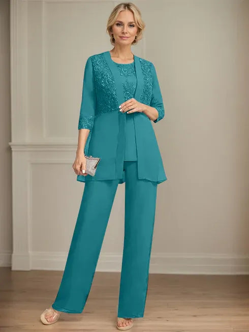Combinaison/pantalon séparé en mousseline et dentelle, longueur au sol, col rond, robe mère de la mariée avec sequins