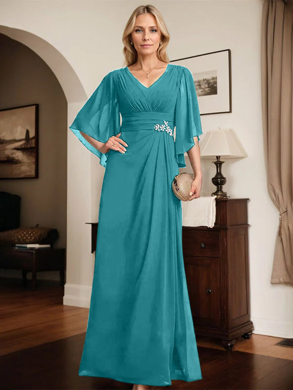 Etuikleid/Säule V-Ausschnitt bodenlanges Chiffon Mutter-der-Braut-Kleid mit plissierten Pailletten und Perlen
