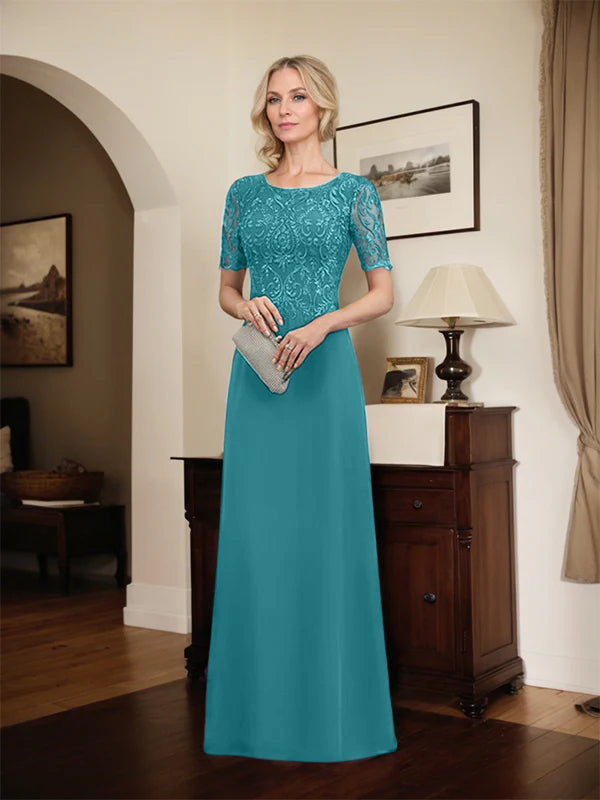 A-Linien Spitzen-Chiffon-Mutter-der-Braut-Kleid mit Rundhalsausschnitt, bodenlang und Pailletten