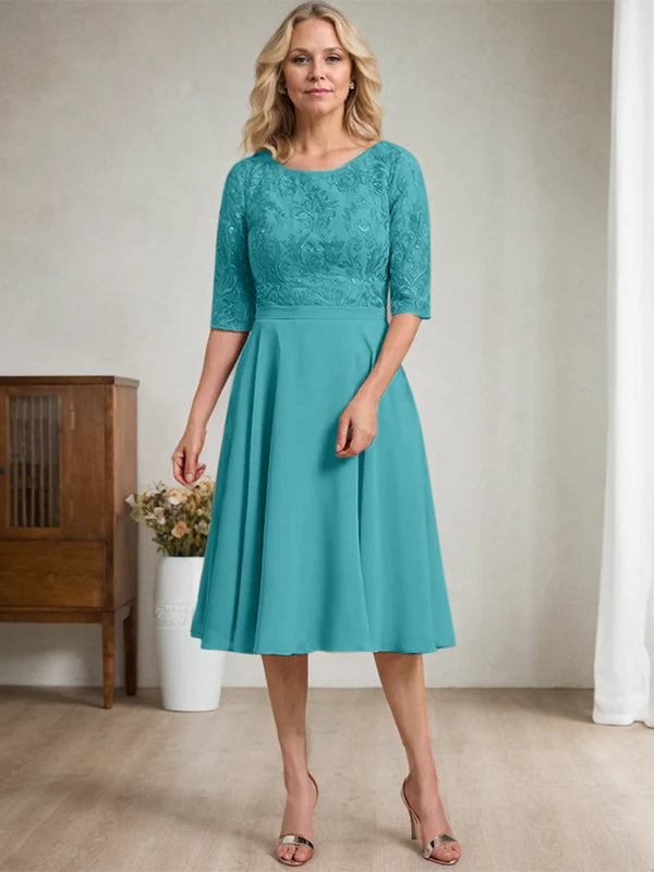 A-Linien Rundhalsausschnitt knielanges Spitzen-Chiffon Kleid für die Mutter der Braut