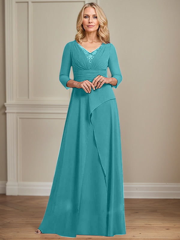 A-Linien Chiffon-Mutter-der-Braut-Kleid mit V-Ausschnitt, bodenlang, plissierte Perlenverzierung