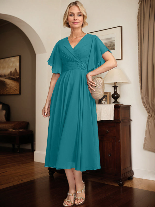A-Linien Kleid mit V-Ausschnitt, tea-length Chiffon, Mutter der Braut mit plissierten Perlen