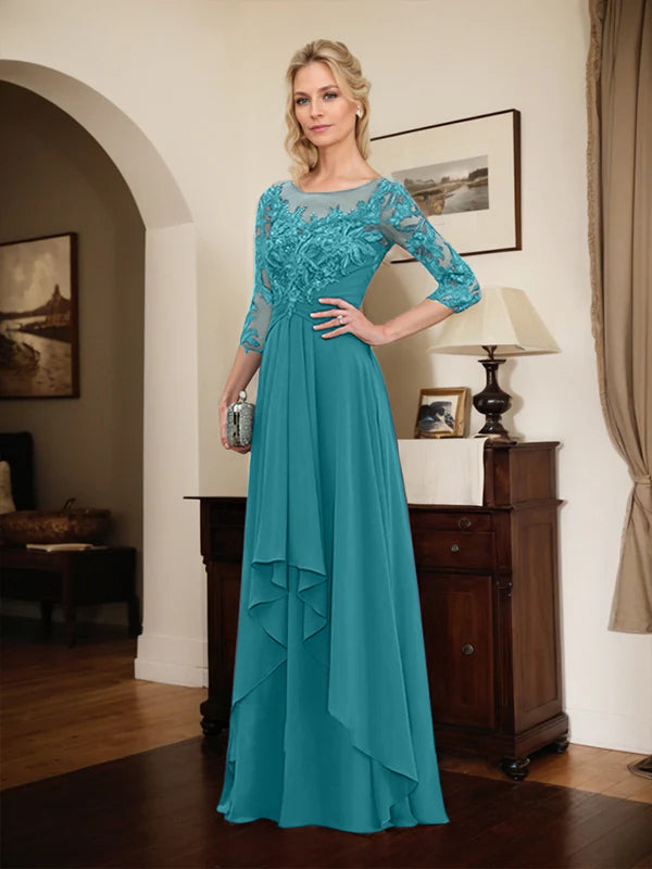 Robe mère de la mariée en ligne A avec col rond illusion, dentelle et chiffon longueur sol avec volants en cascade