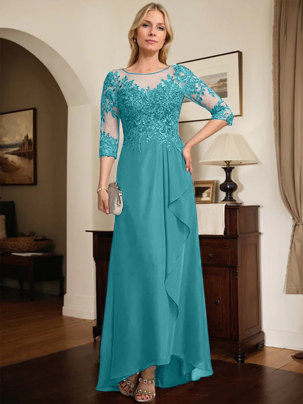A-Linien Rundhals Illusions-Asymmetrische Spitze Chiffon Brautmutterkleid mit Pailletten und fallenden Rüschen