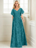 Vestido de madre de la novia en línea A con escote en V, largo hasta el suelo, encaje, lentejuelas y gasa plisada