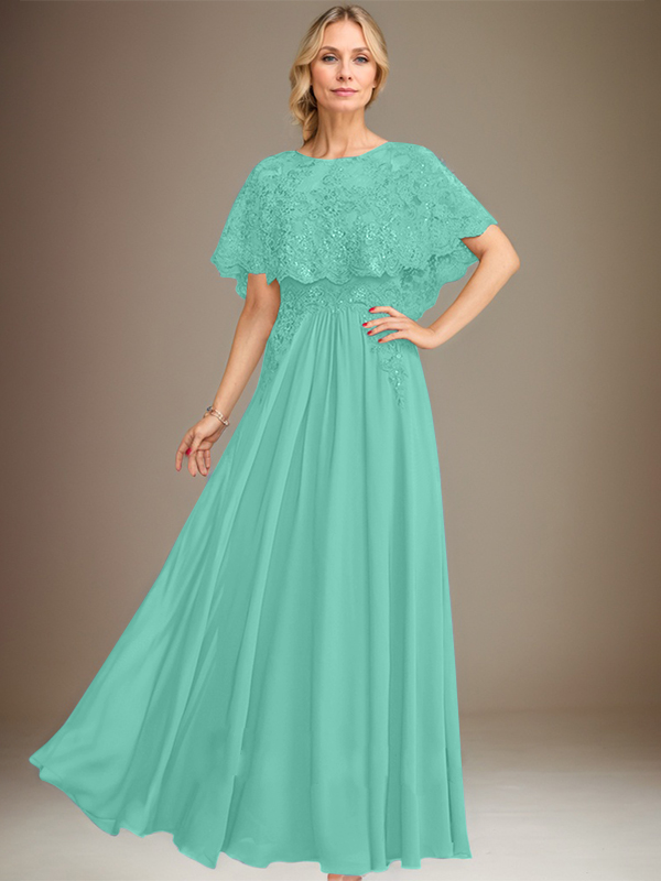 A-Linien Spitzen-Chiffon-Mutter-der-Braut-Kleid mit Bootsausschnitt, bodenlang und Applikations-Pailletten