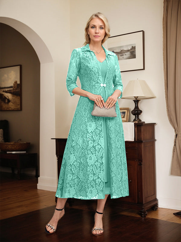 Robe mère de la mariée en mousseline longueur thé à encolure en V et coupe trapèze