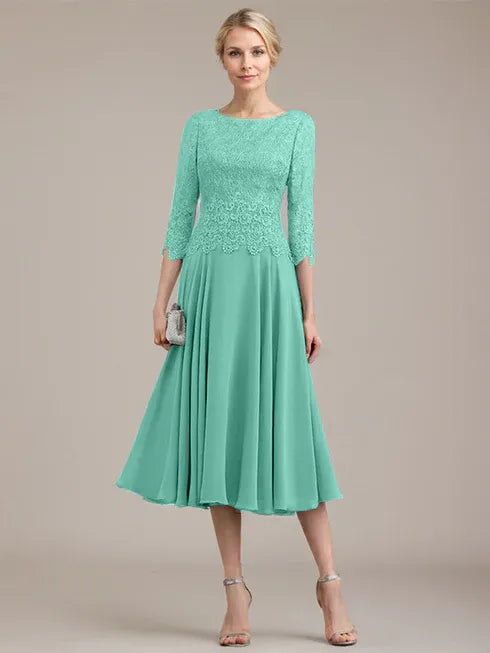 A-Linien Kleid mit Rundhalsausschnitt, tea-länge, Spitze und Chiffon, Mutter der Braut Kleid