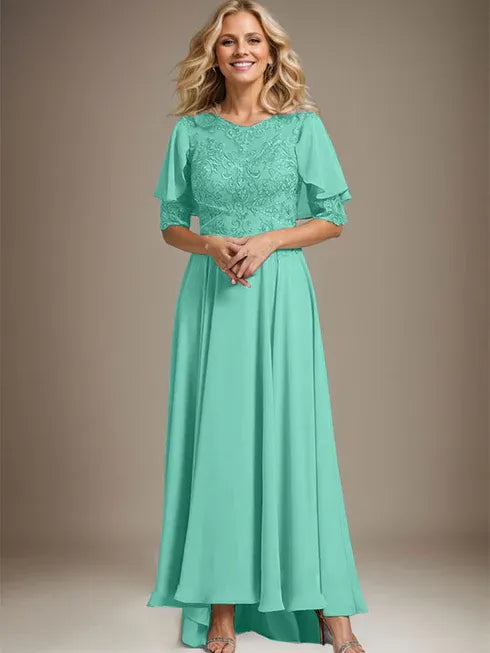 A-Linien Kleid mit Scoop-Ausschnitt, Illusion, asymmetrischem Chiffon und Spitzen, Mutter-der-Braut-Kleid mit Perlenbesatz
