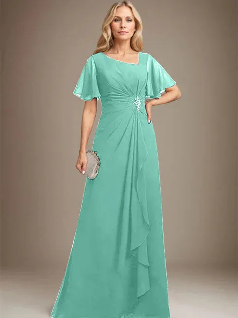 A-Linien asymmetrisches bodenlanges Chiffon Mutter-der-Braut-Kleid mit plissierten Perlen und Pailletten