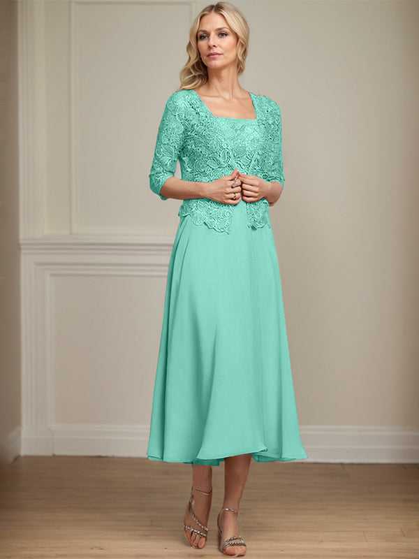 Robe de mère de la mariée en mousseline et dentelle ligne A longueur thé avec perles et sequins