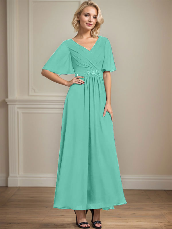 A-Linien V-Ausschnitt Knöchellanges Chiffon Kleid für die Brautmutter mit plissierten Perlen und Pailletten