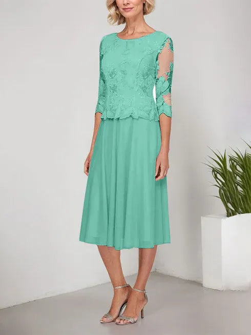 A-Linie Rundhals Tee-Länge Spitze Chiffon Mutter-der-Braut-Kleid mit Stickerei