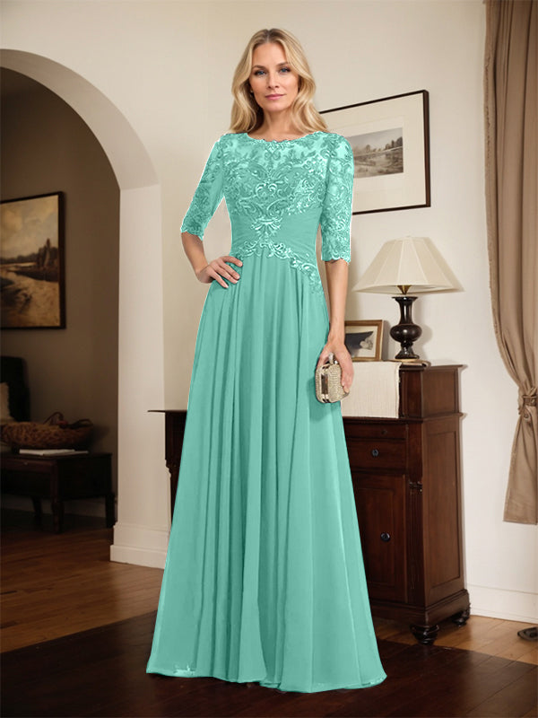 A-Linien Ausschnitt Illusions-Bodenlanges Chiffon-Spitzenkleid für die Mutter der Braut mit plissierten Pailletten