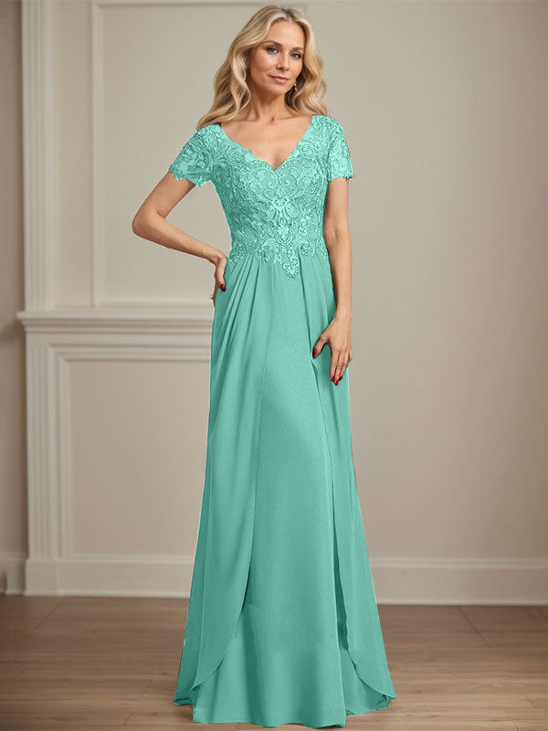 A-Linien Chiffon-Spitzen-Mutter-der-Braut-Kleid mit V-Ausschnitt, bodenlang