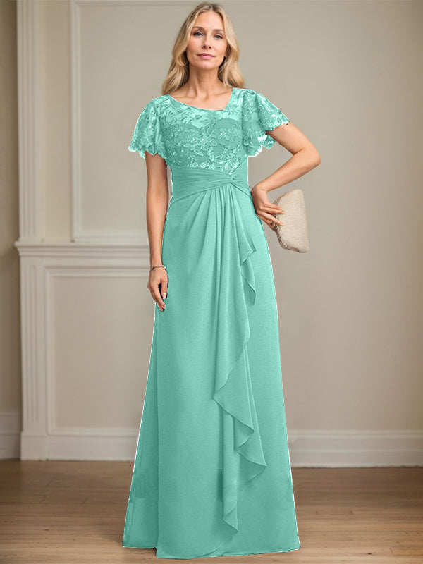 A-Linie asymmetrisches Illusions bodenlanges Spitzen-Chiffon Brautmutterkleid mit kaskadierenden Volants und Pailletten
