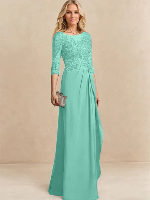 Vestido para la madre de la novia línea A con escote redondo ilusión, largo hasta el suelo, de gasa y encaje con cuentas, lentejuelas y volantes en cascada