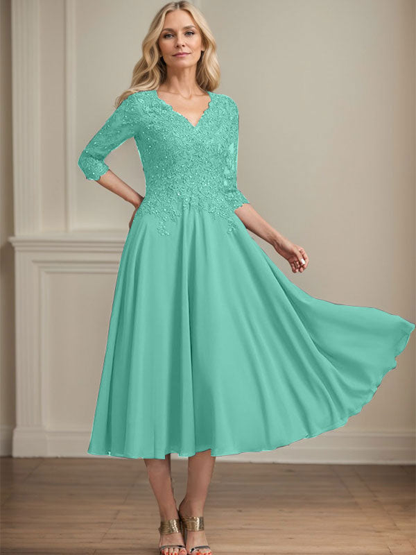 Robe de mère de la mariée en mousseline longueur thé, ligne A, col en V, en dentelle avec perles et sequins
