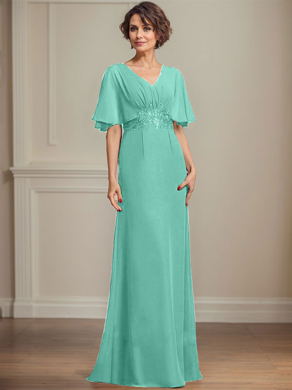 A-Linien Chiffon Mutter-der-Braut-Kleid mit V-Ausschnitt, bodenlang, mit plissierten Pailletten-Applikationen und Spitze