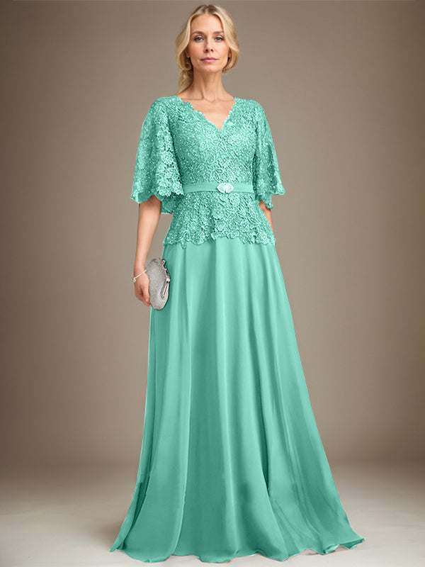 A-Linien V-Ausschnitt Bodenlanges Chiffon-Spitzen Mutter-der-Braut-Kleid mit Kristallbrosche und Strass