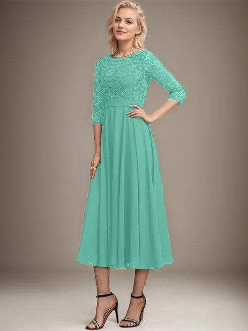 A-Linien Spitzen-Chiffon-Brautmutterkleid mit V-Ausschnitt, tea-length, mit Pailletten