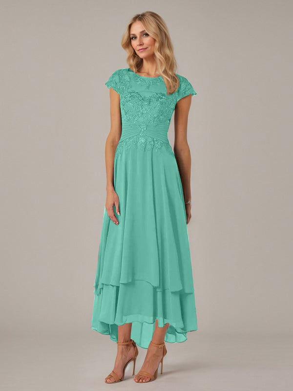 A-Linien Boot-Ausschnitt Illusions asymmetrisches Chiffon-Spitzen Mutterkleid der Braut mit Applikationsfalten