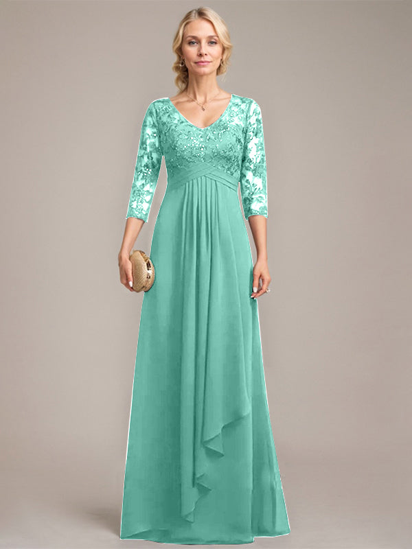 A-Linien V-Ausschnitt bodenlanges Spitzen-Chiffonkleid für die Mutter der Braut mit kaskadierenden Rüschen und Pailletten