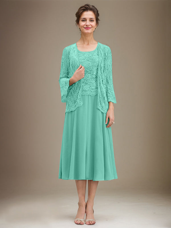 A-Linien Spitzen-Chiffon-Brautmutterkleid mit V-Ausschnitt, tea-length, mit Pailletten