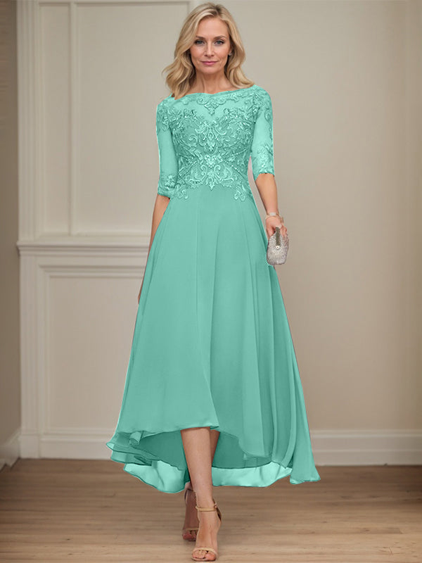 A-Linien Bootsausschnitt Illusionskleid mit asymmetrischem Chiffon-Spitzenstoff, Mutter-der-Braut-Kleid mit Paillettenperlen