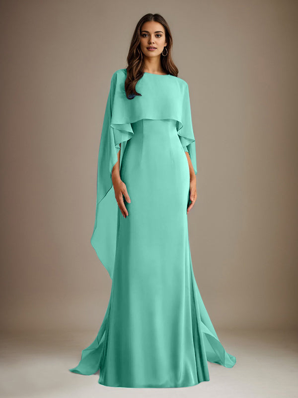 Etuikleid/Säulenkleid Bootsausschnitt bodenlanges Chiffon Mutter-des-Braut-Kleid mit kaskadierenden Rüschen