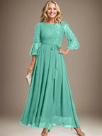 A-line Scoop Ankle-Length Lace Chiffon Mother of the Bride Dress With Bow