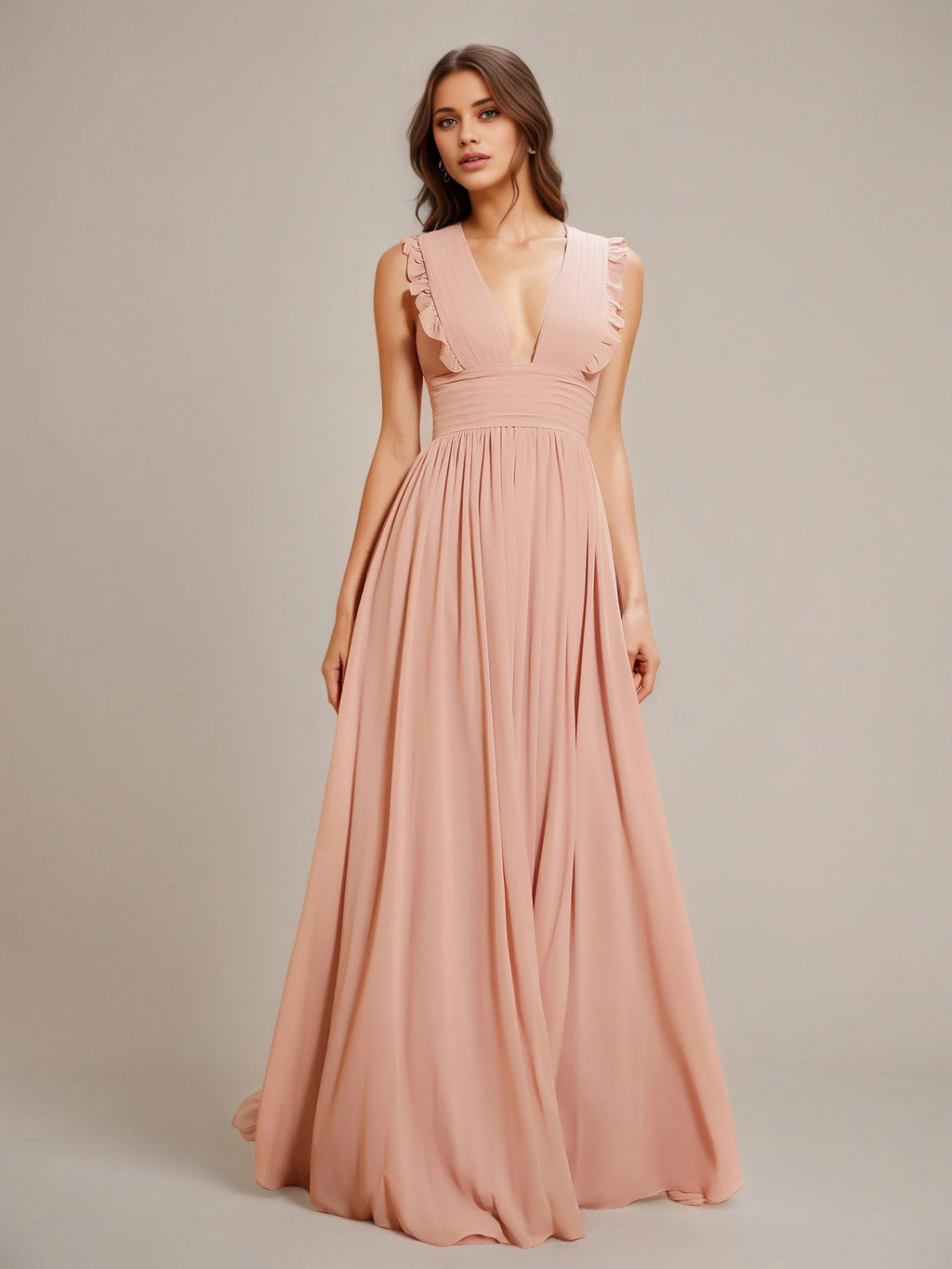 Dusty Rose A Line Chiffon V Neck Sleeveless Floor-Length Bridesmaid Dresses With Ruffles