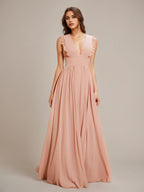 Dusty Rose A Line Chiffon V Neck Sleeveless Floor-Length Bridesmaid Dresses With Ruffles