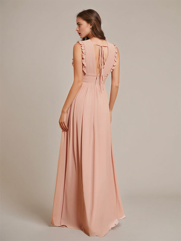 Dusty Rose A Line Chiffon V Neck Sleeveless Floor-Length Bridesmaid Dresses With Ruffles