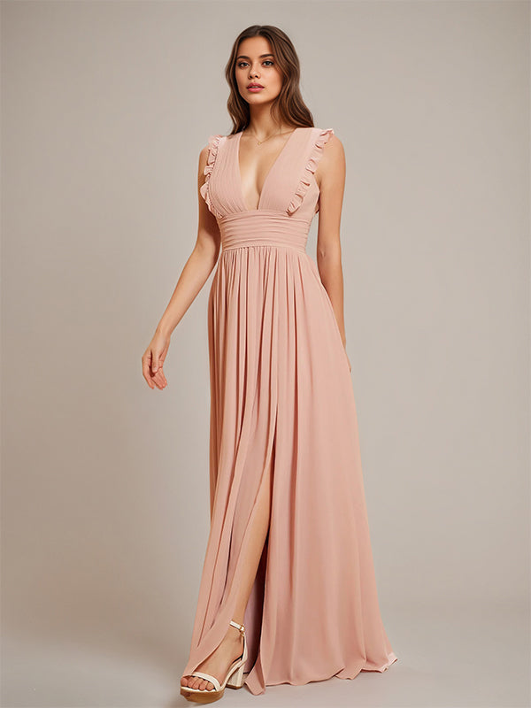 Dusty Rose A Line Chiffon V Neck Sleeveless Floor-Length Bridesmaid Dresses With Ruffles