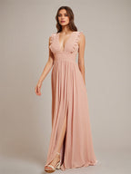 Dusty Rose A Line Chiffon V Neck Sleeveless Floor-Length Bridesmaid Dresses With Ruffles