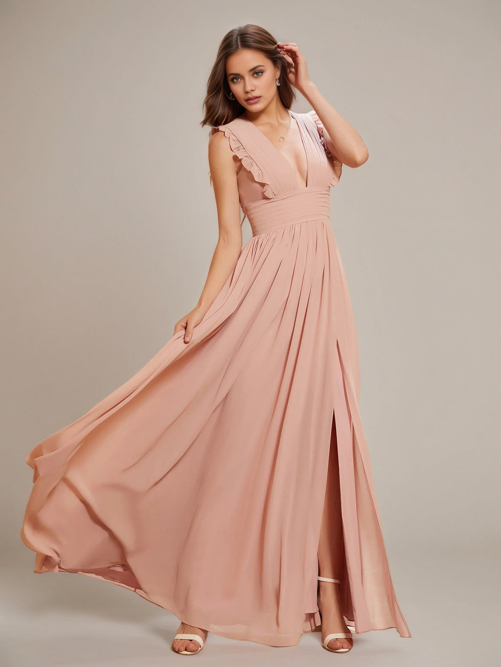 Dusty Rose A Line Chiffon V Neck Sleeveless Floor-Length Bridesmaid Dresses With Ruffles