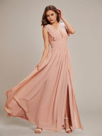 Dusty Rose A Line Chiffon V Neck Sleeveless Floor-Length Bridesmaid Dresses With Ruffles