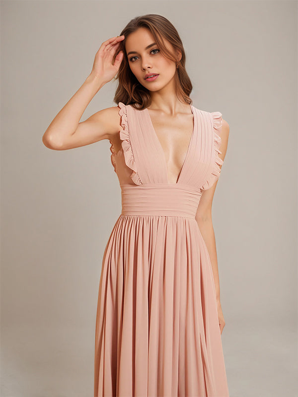 Dusty Rose A Line Chiffon V Neck Sleeveless Floor-Length Bridesmaid Dresses With Ruffles